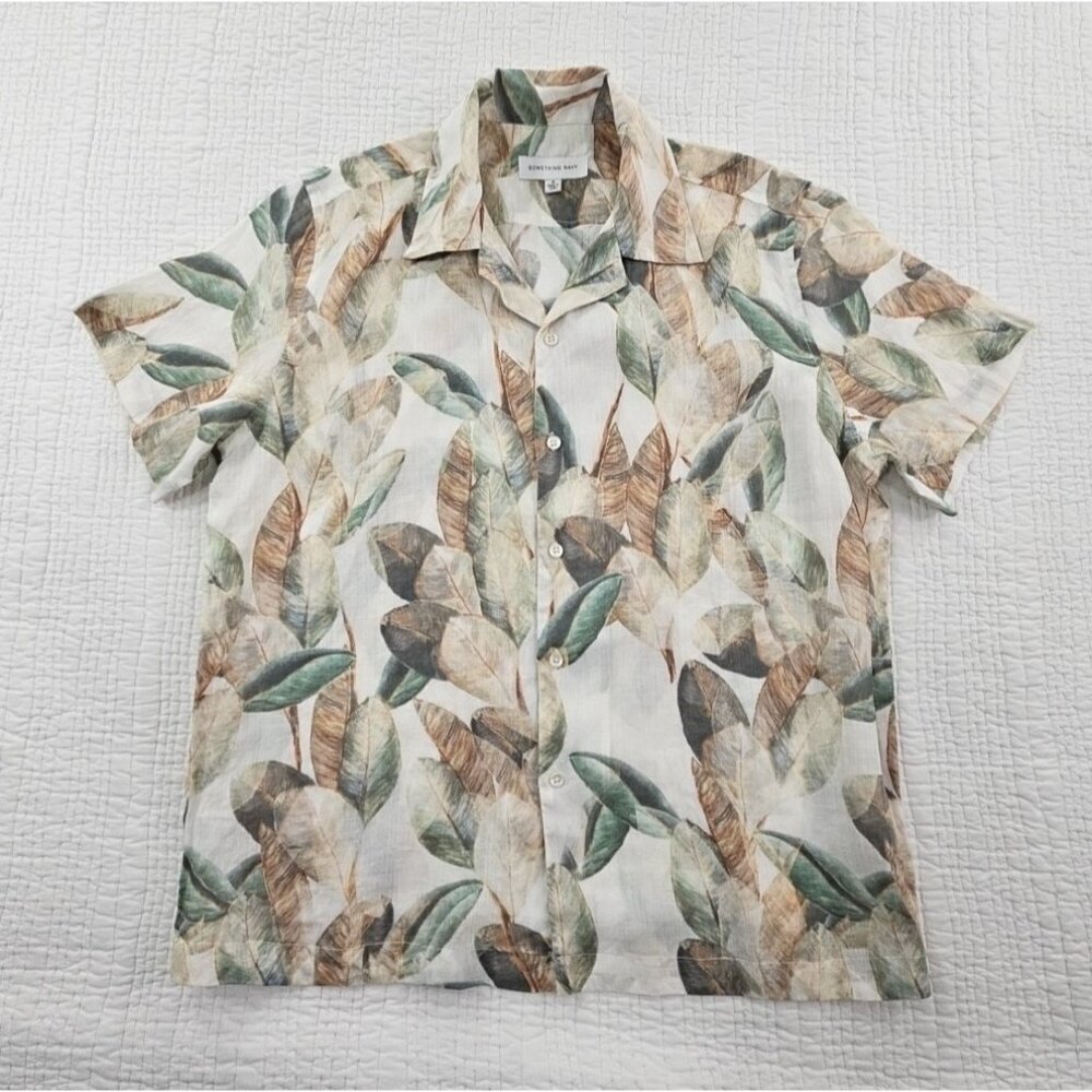 Something Navy Palm Print‎ Tropical Green Hawaiian Oversized Button Up Size S